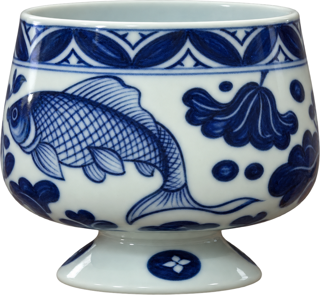 Fish Motif Footed Porcelain Cup — AI-assisted full-object presentation