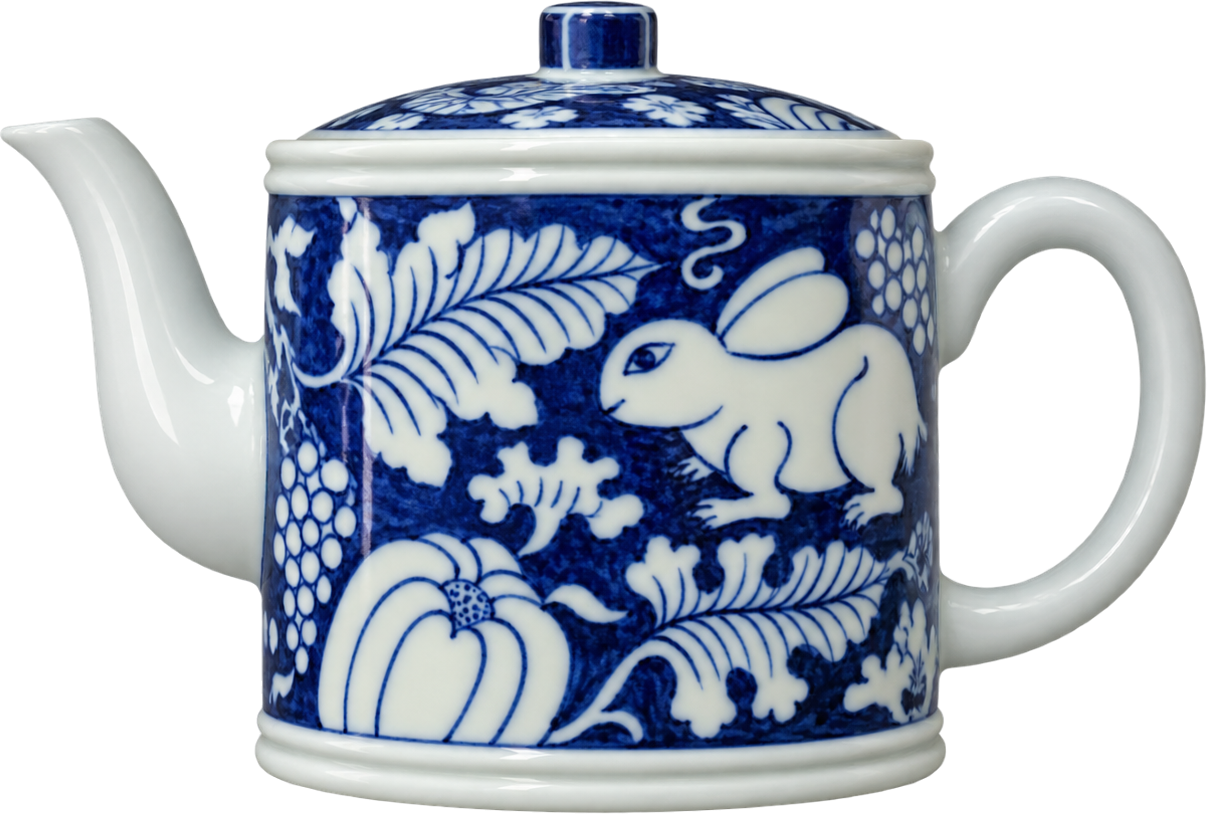 Blue Rabbit Porcelain Teapot — AI-assisted full-object presentation
